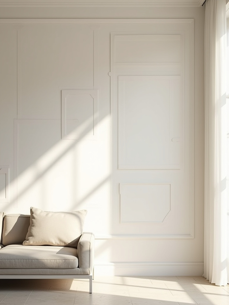 A perfectly planned living room wall showing a harmonious decor layout using subtle painter's tape outlines, illustrating optimal 'wall space planning' before hanging artwork.
