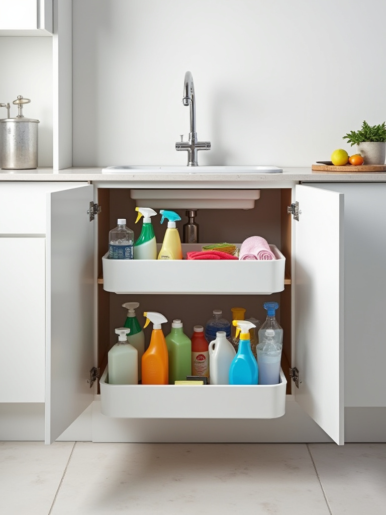 Modern under-sink cabinet showcasing organized cleaning supplies on tiered U-shaped pull-out shelves, tidy and functional.