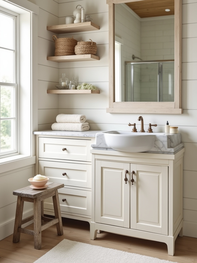 Portrait shot of a serene, clutter-free farmhouse bathroom with rustic decor and warm lighting.