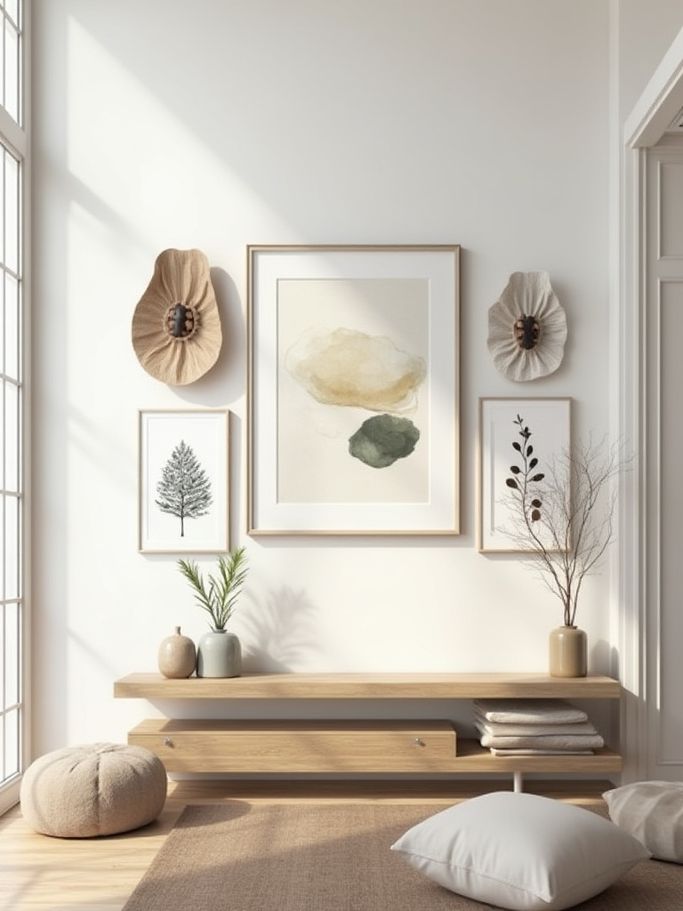 Living room wall decor showing five art pieces and decorative items arranged in an odd-numbered grouping for visual harmony.