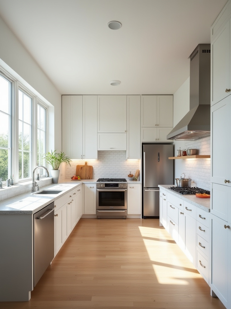 Portrait view of a modern kitchen showing the work triangle between sink, fridge, and range