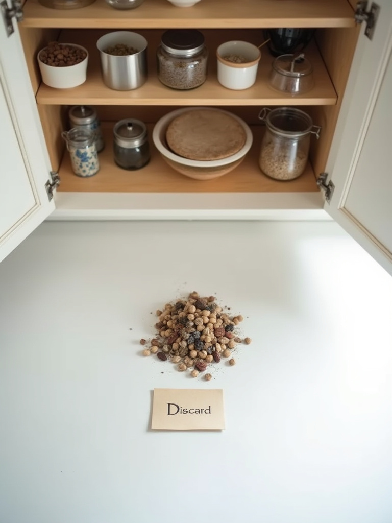 A perfectly organized kitchen cabinet interior contrasting with a small pile of rarely used items on a clean countertop, symbolizing effective kitchen decluttering using the 'One Year Rule'.