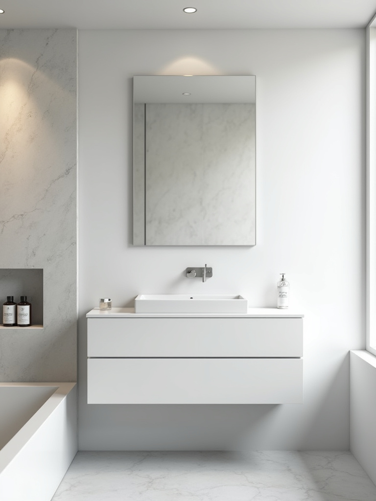 A modern bathroom showcasing a white floating vanity with an integrated sink and a large mirror, next to a tiled recessed niche holding luxury bath products, illustrating elegant storage.
