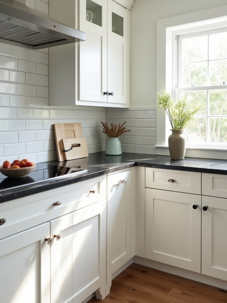 Farmhouse kitchen with white Shaker cabinets and dark honed black granite countertops, showcasing a perfectly matched aesthetic.