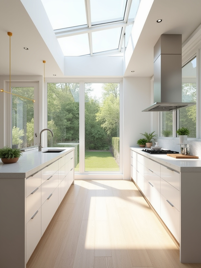 Bright modern kitchen with large windows and skylight reflecting light on white cabinets