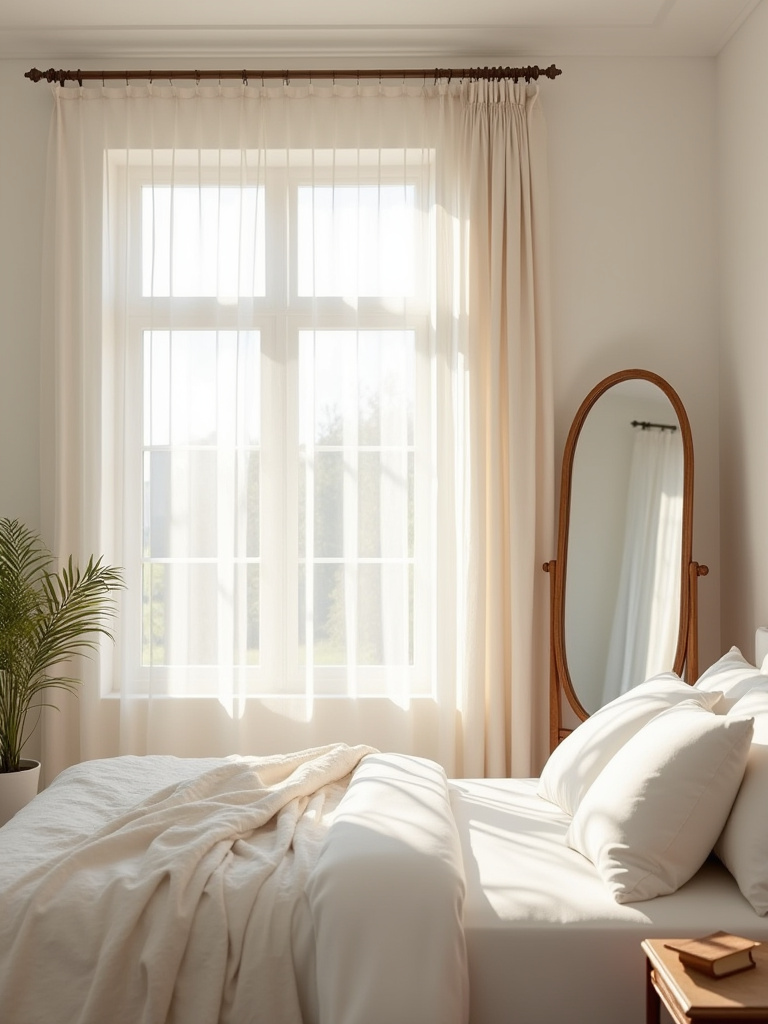 Bright bedroom with sheer curtains diffusing daylight and a large mirror reflecting light