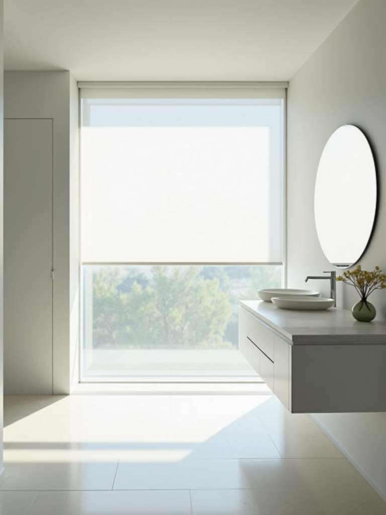 Modern bathroom with a large window and elegant sheer roller blinds, showcasing maximum natural light. The room features a floating vanity and a round mirror.