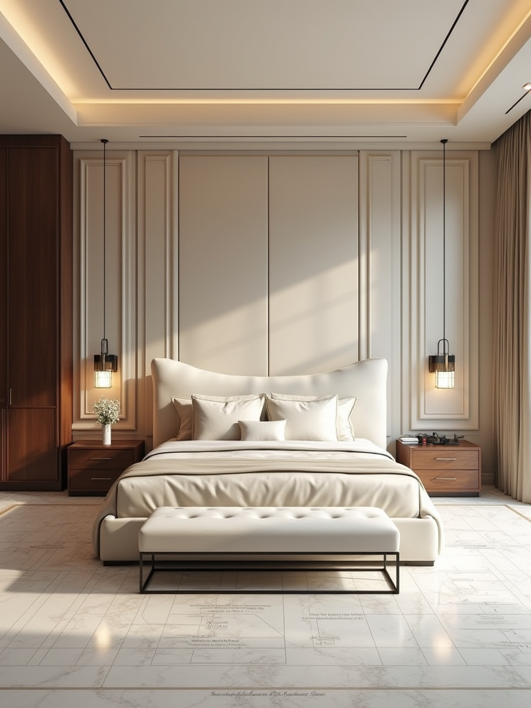 Portrait view of a luxurious bedroom with a subtle floor-plan overlay on the floor or glass surface
