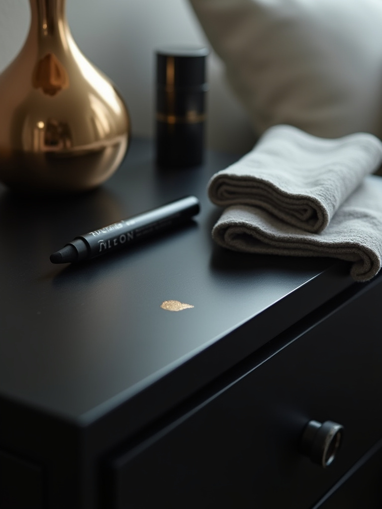 Close-up of a black nightstand showing a minor scuff, with a black furniture touch-up crayon and microfiber cloth on the side, demonstrating black furniture repair.
