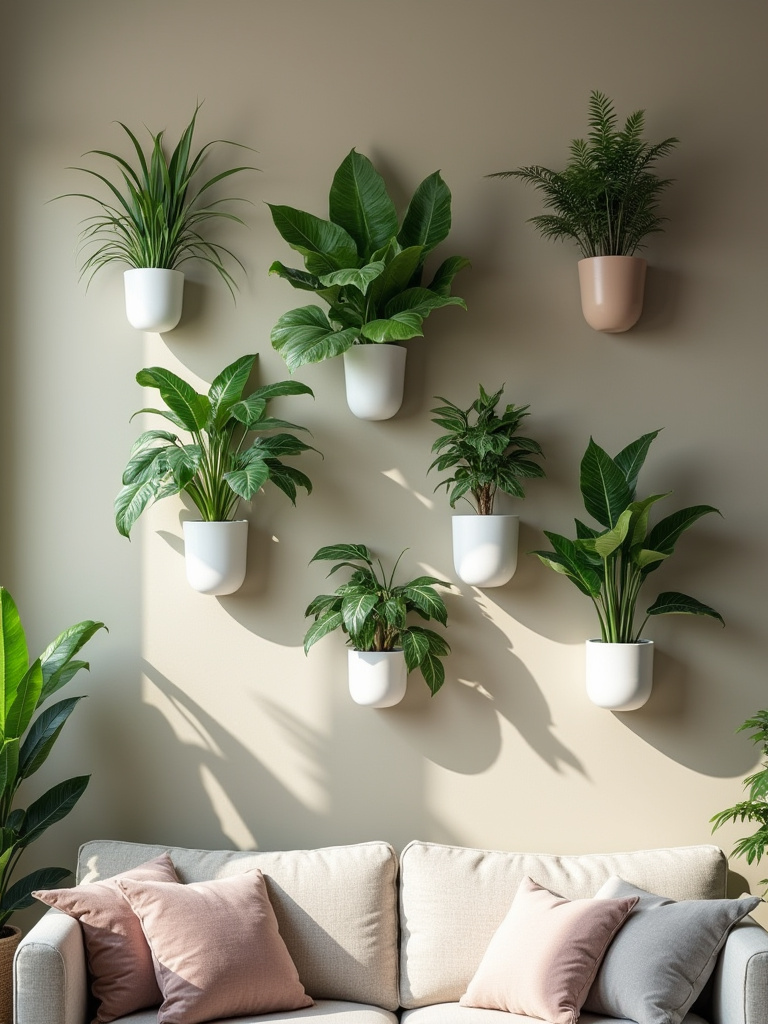 A beautifully designed living room wall featuring multiple modern, white ceramic wall-mounted planters with lush green plants like Pothos and Spider Plants, against a muted beige wall. The scene highlights biophilic interior design, emphasizing natural light and clean lines.