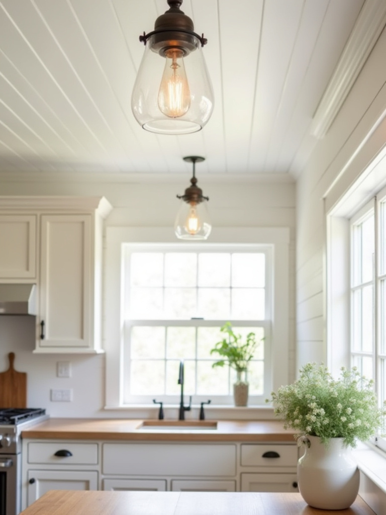 A charming small farmhouse kitchen featuring stylish bronze semi-flush mount ceiling lights with seeded glass, effectively brightening the space and enhancing the perception of height.