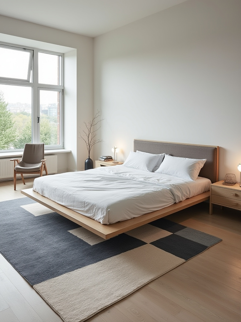 Portrait of a modern bedroom with geometric abstract area rug defining space