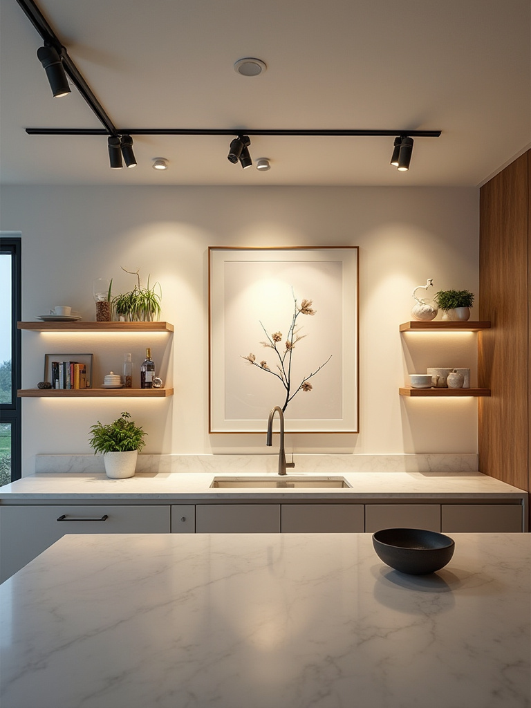 Kitchen track lighting highlighting art on gallery wall