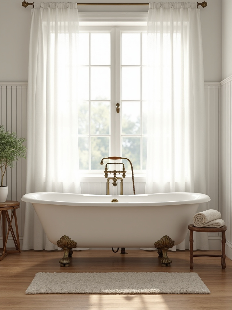 Portrait view of a classic freestanding clawfoot bathtub in a farmhouse bathroom