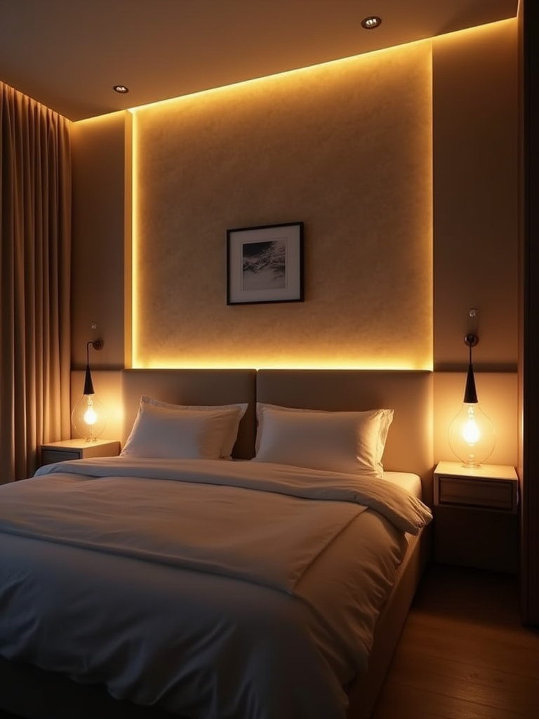 A cozy bedroom showcasing sophisticated layered lighting, featuring ambient recessed ceiling lights, bright bedside task lamps, and warm LED strip accent lighting behind the headboard, creating an inviting and versatile atmosphere.