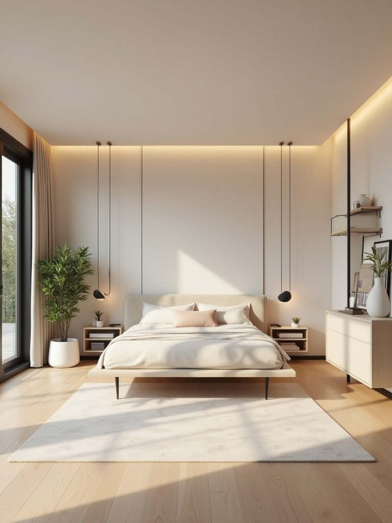 Portrait of an open, uncluttered modern bedroom with soft natural light