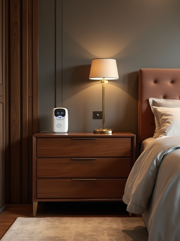 Luxurious bedroom with climate-control devices and premium furnishings