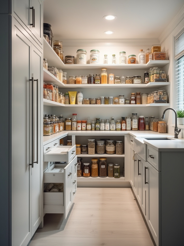 A beautifully organized kitchen pantry showcasing pull-out shelves, clear storage containers, and tiered spice racks for maximum efficiency and clutter-free living.