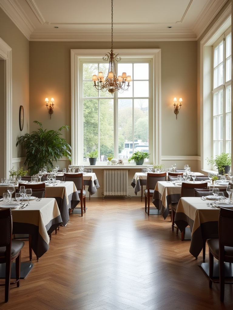 Dining room with a perfectly placed rectangular table and chairs, ample space around for easy movement, highlighting optimized traffic flow.