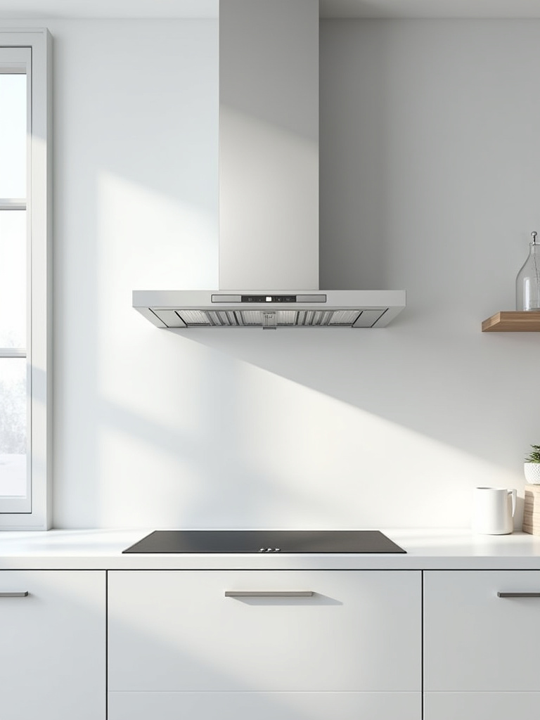 Portrait of a pristine white kitchen with a modern vented range hood