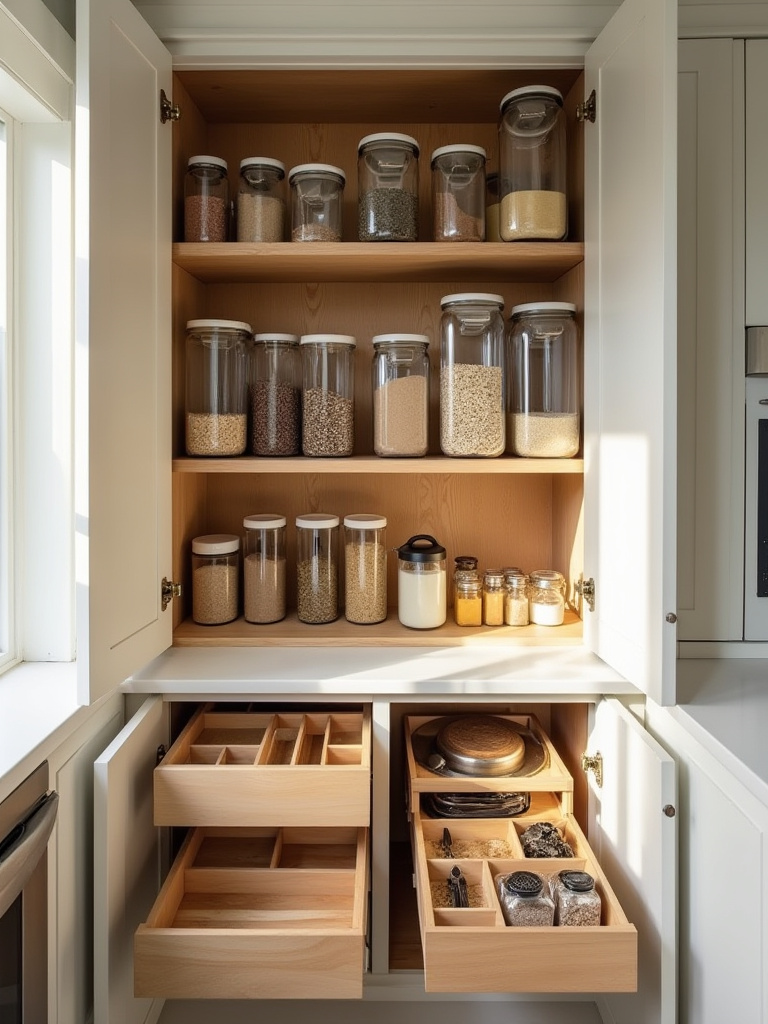 Optimized farmhouse kitchen cabinet interior showing smart organization systems, including pull-out drawers, clear containers, and a spice rack, maximizing storage.