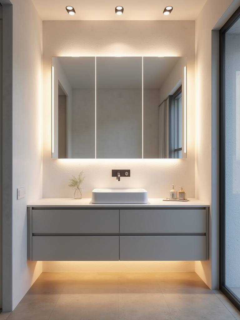 Modern bathroom with layered lighting, featuring elegant vanity sconces and under-vanity LED strip lighting creating both functionality and a serene ambiance.