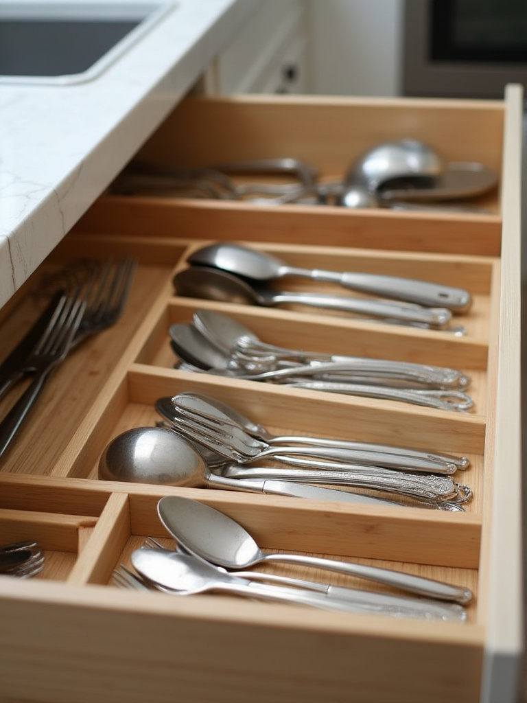 Kitchen drawer with adjustable bamboo dividers neatly organizing cooking utensils, cutlery, and small kitchen tools. Clean, efficient drawer organization.