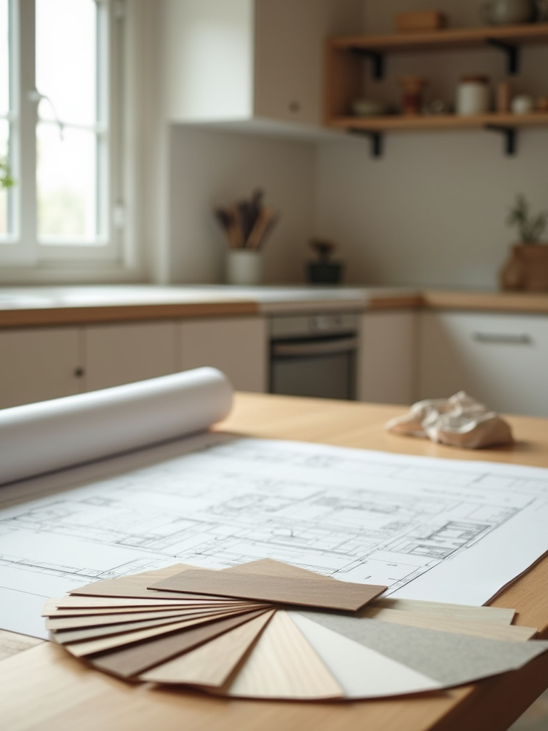 Portrait planning space for overseeing delivery and installation in a kitchen renovation