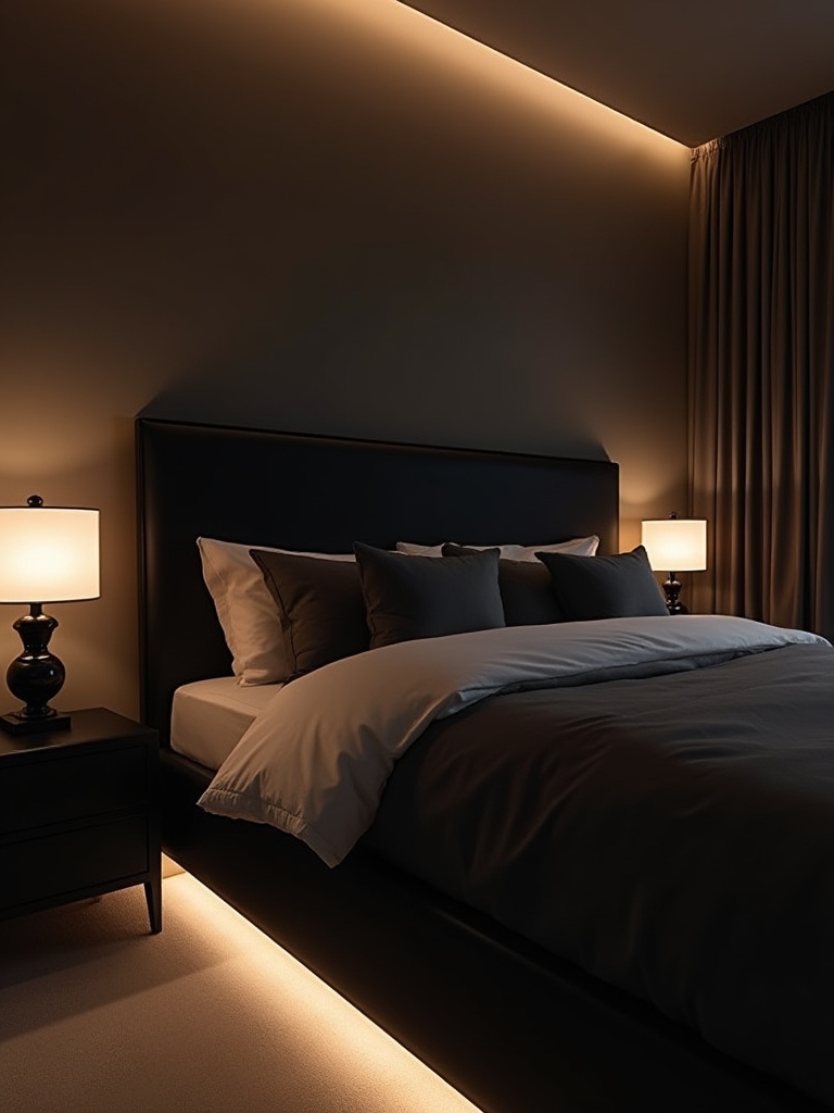 A luxurious bedroom featuring a black bed, softly illuminated by strategic ambient lighting and dimmable bedside lamps, enhancing the depth and warmth of the dark furniture.