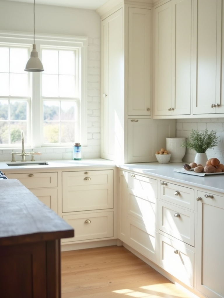 A professional photograph of creamy white farmhouse kitchen cabinets, meticulously installed and perfectly level, showcasing a flawless fit against the wall.