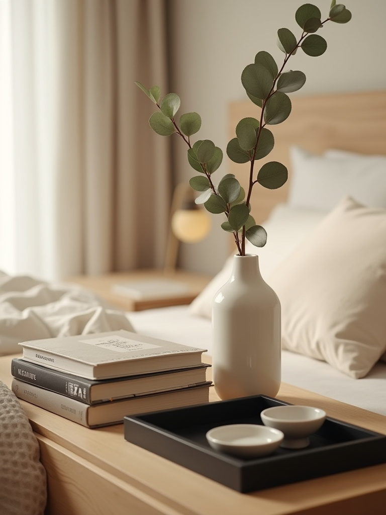 Portrait of a modern nightstand vignette with books, a vase, and a tray