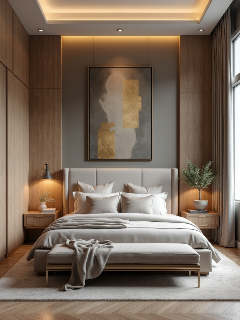 Luxurious bedroom with a commissioned artwork and bespoke finishes.