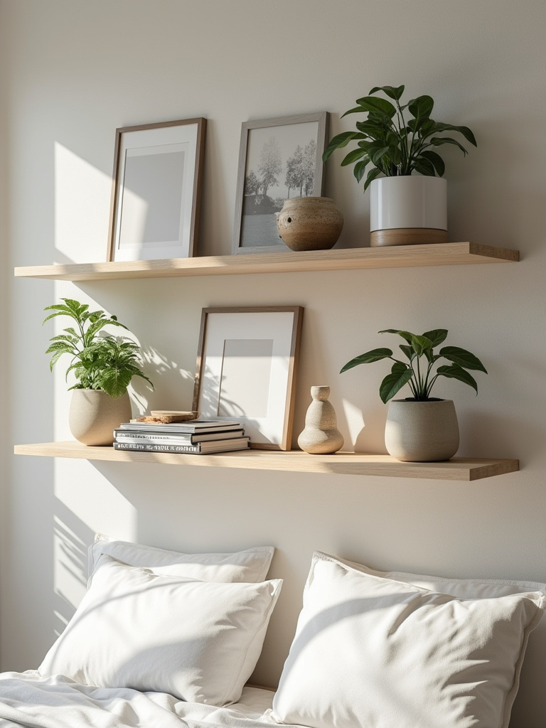 Bedroom floating display shelves organized with books, plants, framed photos, and decorative objects, showing a personalized and serene space.