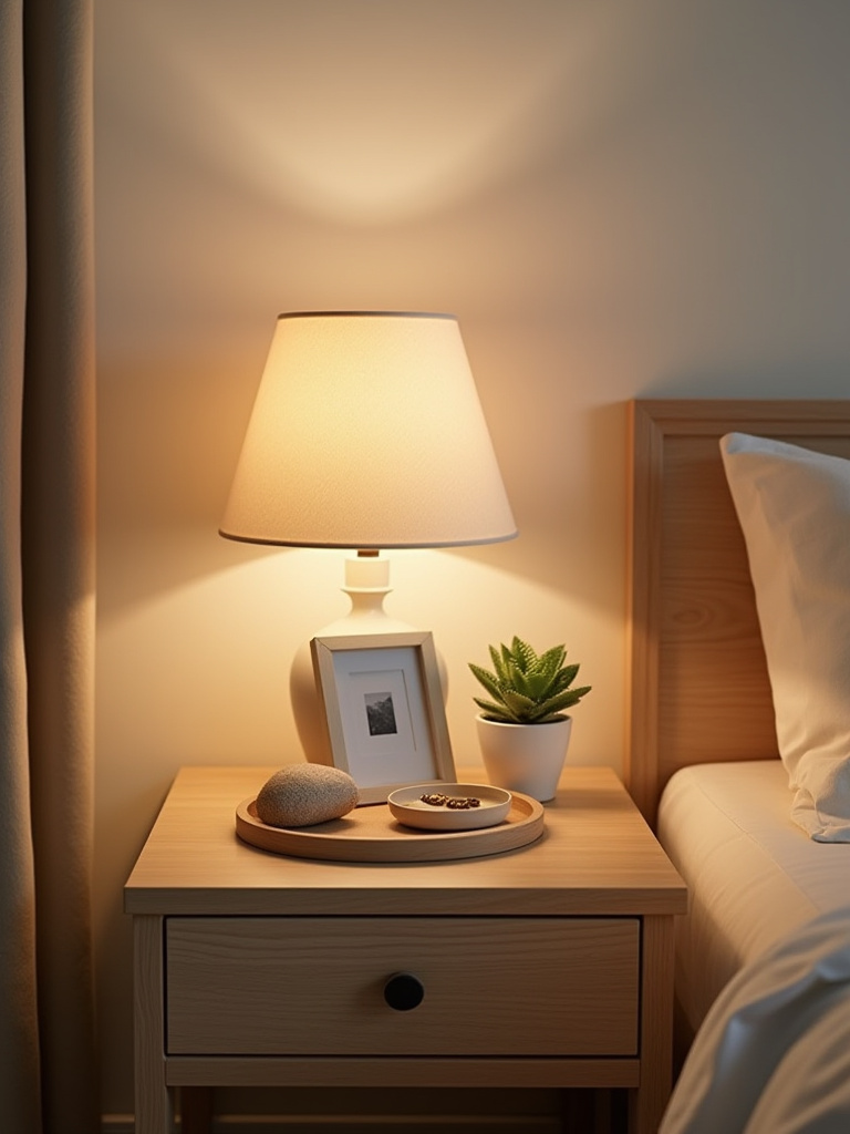 Portrait view of a curated nightstand vignette with meaningful keepsakes