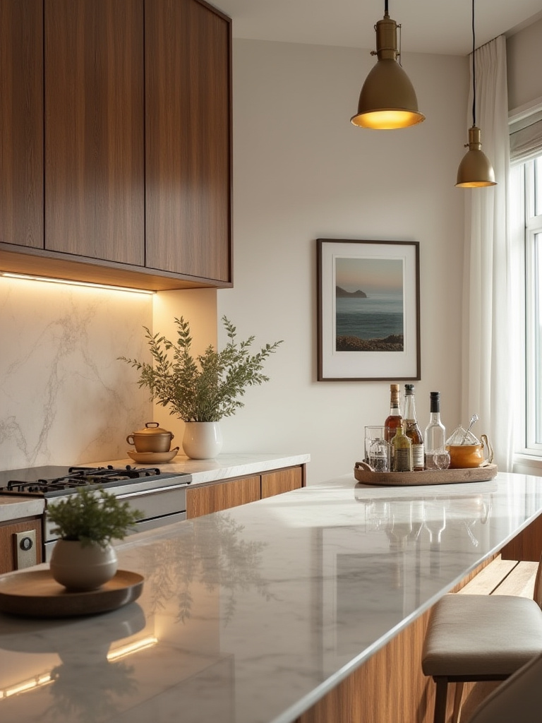 Themed accessories and curated art on kitchen bar (portrait orientation).