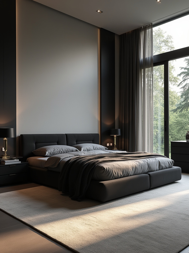 Elegant bedroom with strategically placed black furniture creating clear pathways and optimal room flow, enhancing accessibility and spaciousness.