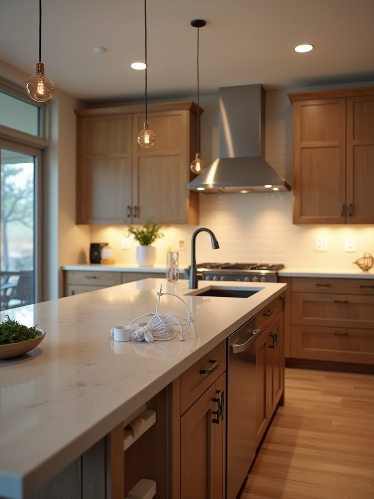 Modern kitchen with island outlets and layered lighting zones