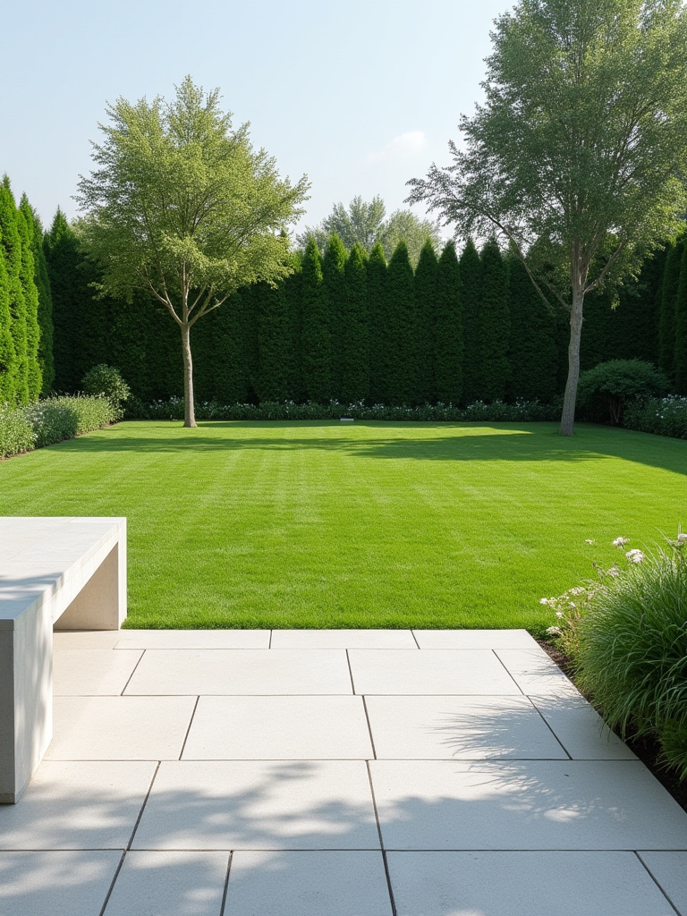 A serene and modern backyard scene featuring a light grey paver patio transitioning into a lush green lawn, subtly hinting at an area prepared for future expansions, demonstrating flexible backyard design.