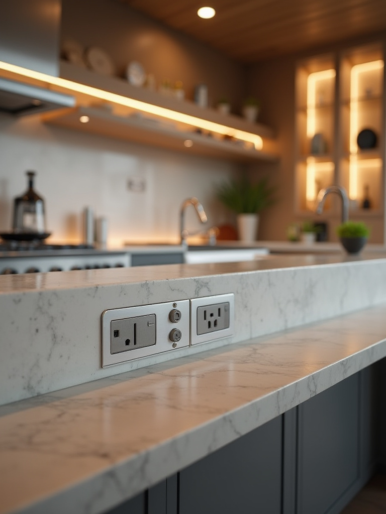 Portrait view of a modern kitchen bar with integrated outlets and charging ports, no people