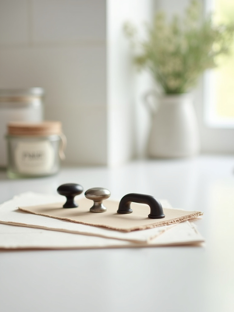 Various farmhouse cabinet hardware samples (matte black, brushed nickel) displayed on a creamy white paint swatch, suggesting future kitchen planning for cabinet upgrades.
