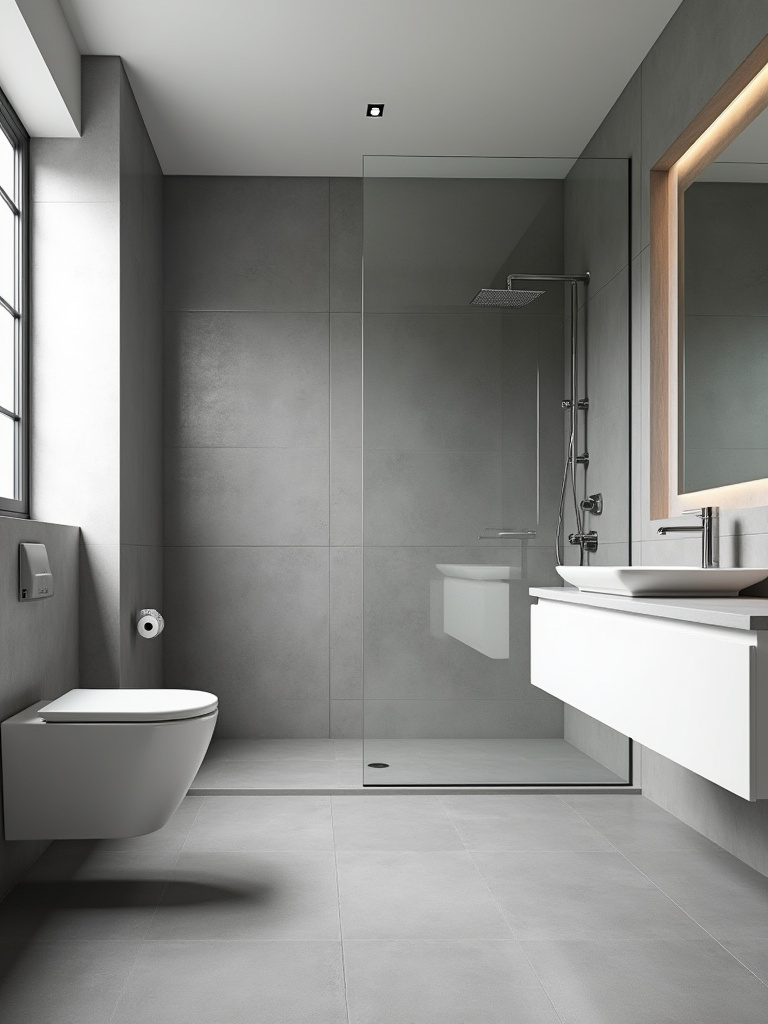 Modern universally designed bathroom with a curbless shower, comfort-height toilet, non-slip floor, and lever handles on a floating vanity.