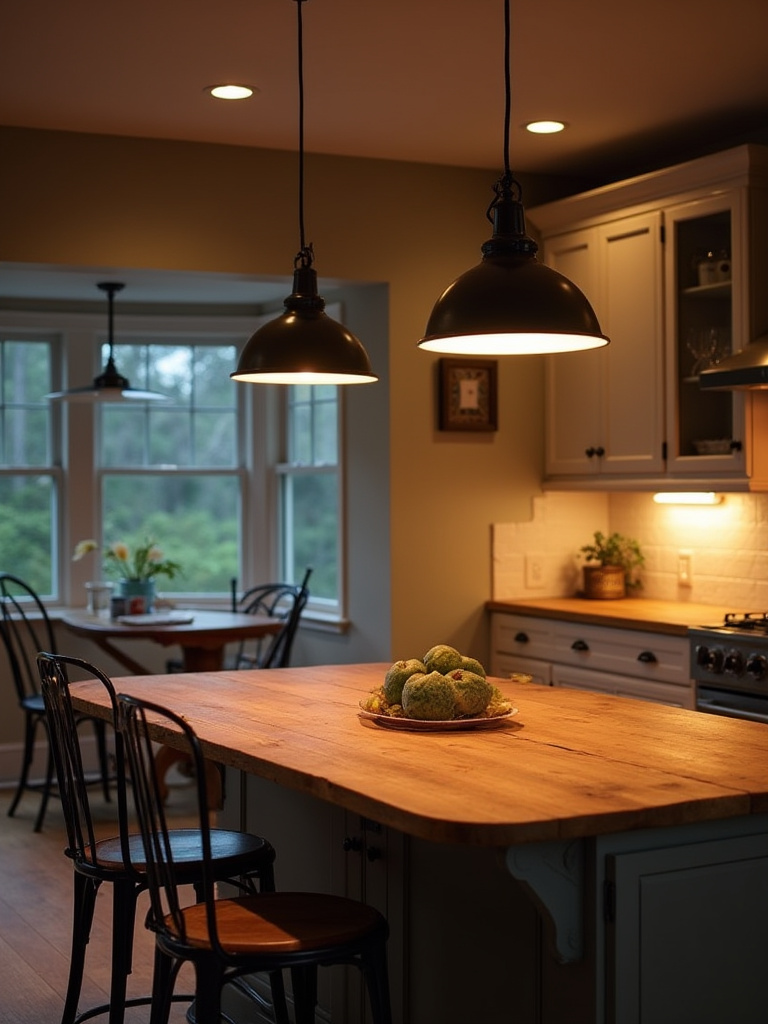 Farmhouse kitchen with dimmable pendant lights over an island, casting a warm, adjustable glow, showing mood control and energy saving benefits.