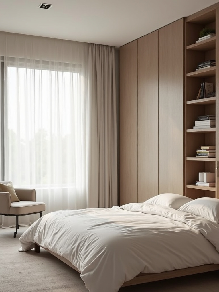 A modern, organized bedroom with clever, integrated storage solutions, designed for practicality and daily efficiency, featuring natural light and a minimalist aesthetic.
