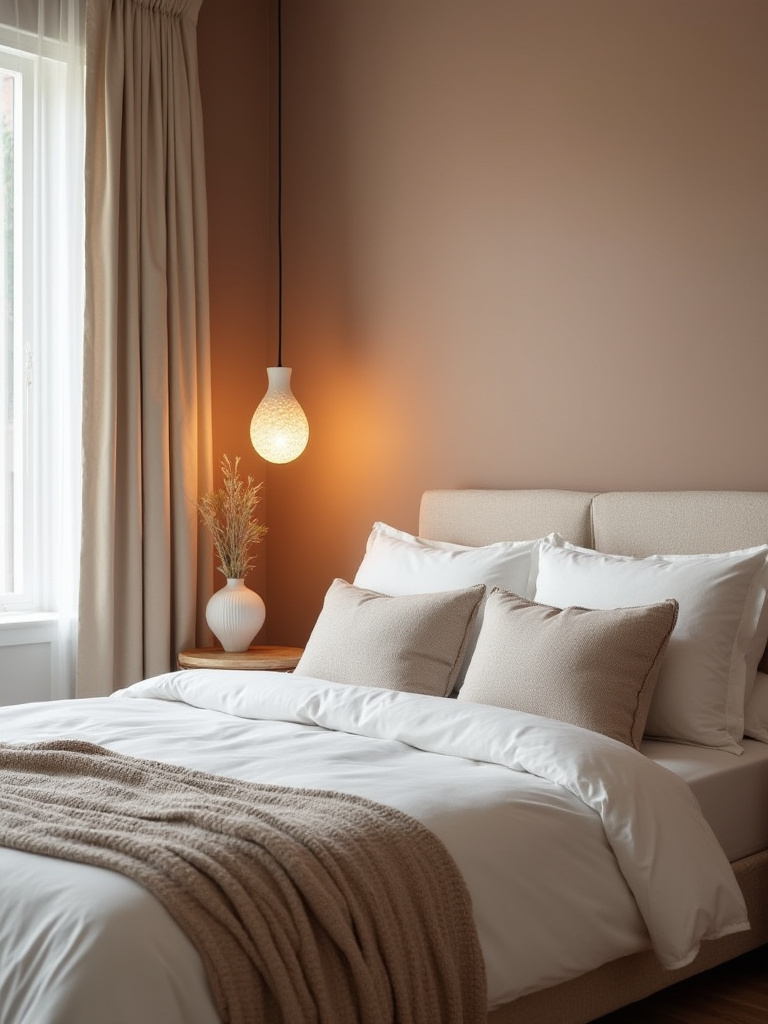 Portrait of a chic budget-friendly bedroom with a feature wall and warm lighting