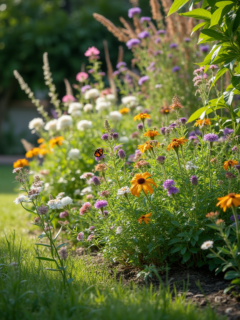 A close-up view of a vibrant native plant garden featuring diverse wildflowers, grasses, and shrubs thriving under dappled sunlight, indicating a low-maintenance, biodiverse backyard ecosystem.