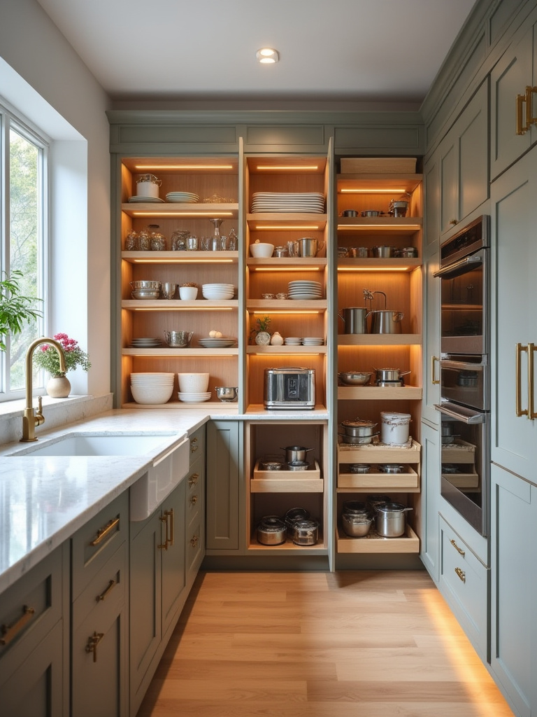 Portrait view of a modern kitchen highlighting integrated storage solutions like pull-out pantries and deep drawers.