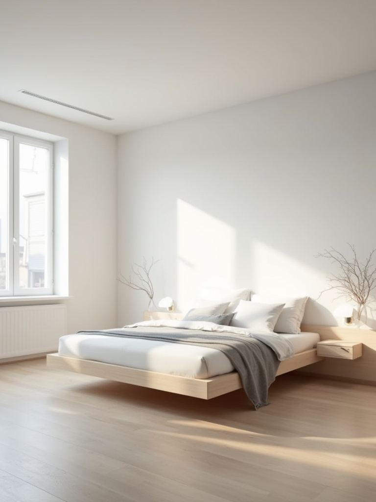 Modern bedroom with a low-profile bed frame and airy feel