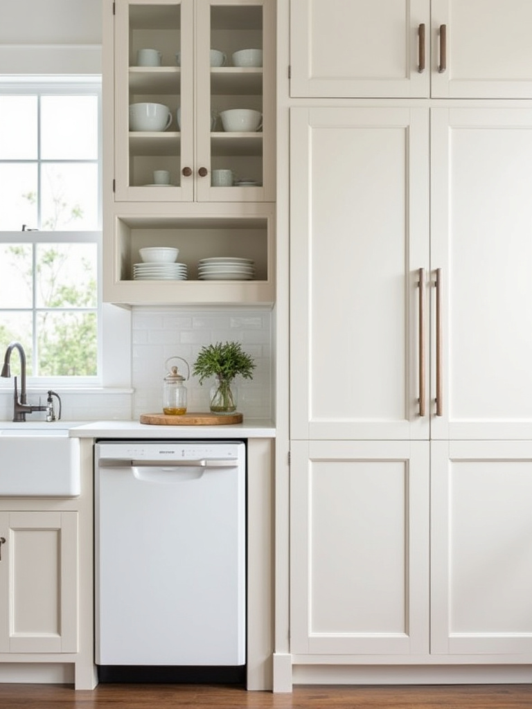 Farmhouse kitchen with light custom cabinets, glass-front display cabinet, deep storage drawers, and integrated panel-ready dishwasher next to a farm sink.