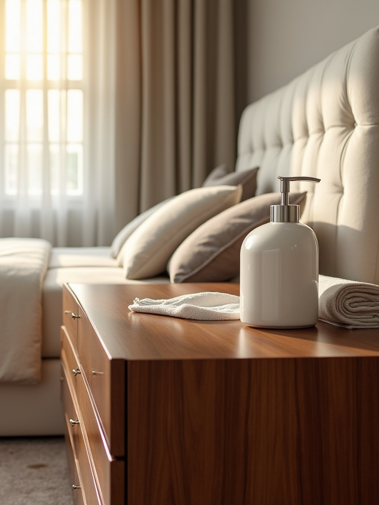 Portrait of a luxury bedroom dresser with a high-gloss finish and polishing cloth