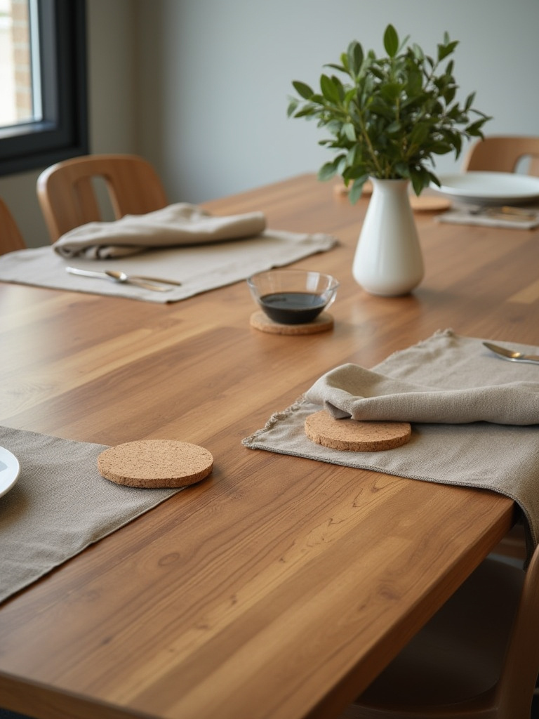 Elegant dining table with coasters, placemats, and a trivet, demonstrating wood furniture protection against scratches and heat damage.